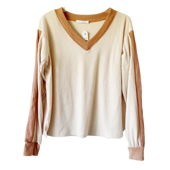 Sweaters - Rib knit long sleeve vneck sweater top beige orange tan pullover
